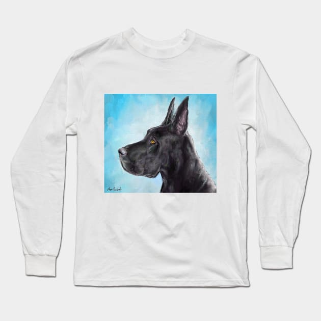 Painting of a Black Great Dane with Light Blue Background Long Sleeve T-Shirt by ibadishi